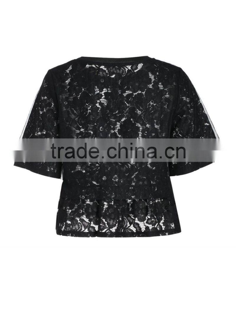 2016 ladies black lace loose style short sleeve O-neck shirt/blouse