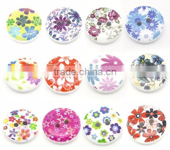 Mixed Multicolor Flower 2 Holes Round Wood Painting Sewing Buttons 15mm(5/8")