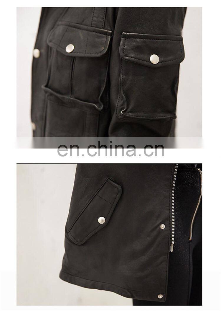 High Quality Popular Young Women Real Sheep Leather Garment Spring Ladies Long Black Coat