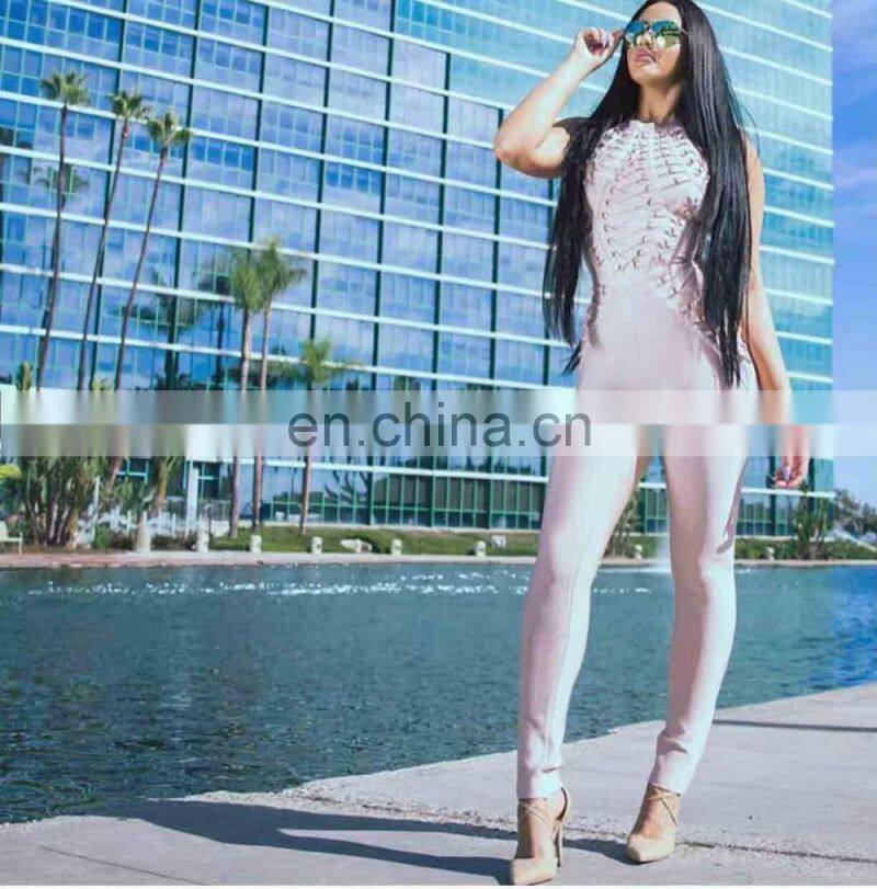 Amigo 2017 new design sexy women evening wear nude sleeveless halter beaded XXX long bodycon bandage jumpsuit for girls party