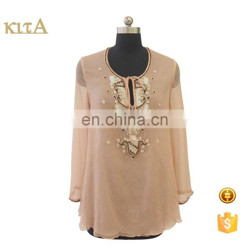 2016 latest fashion design women long sleeve round neck beaded chiffon blouse