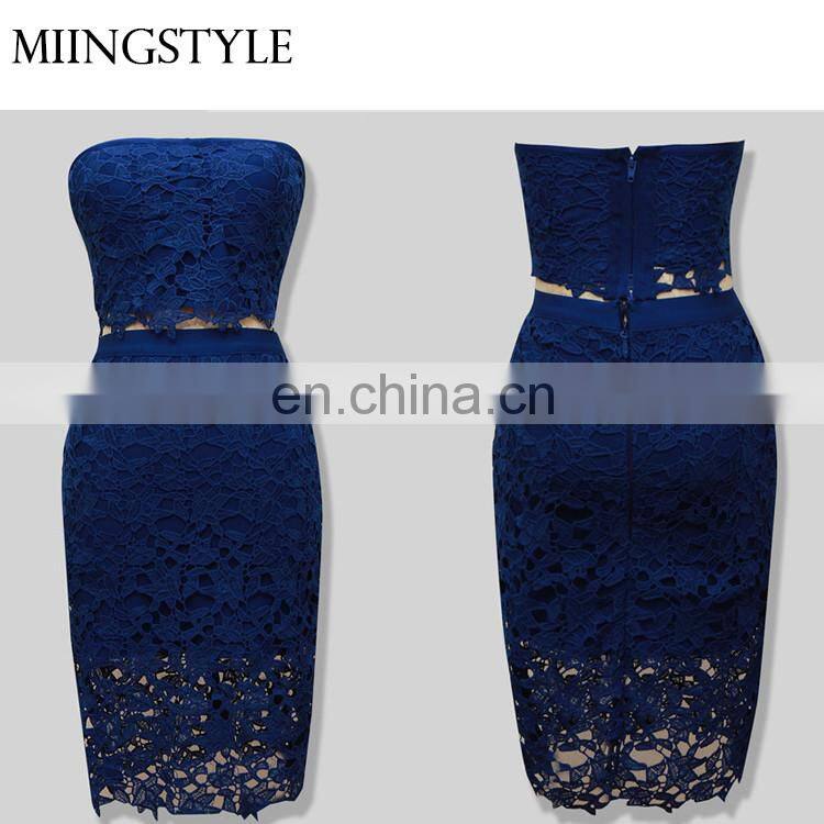 fashion oem off shoulder sexy midi dresses bodycon bandages two piece evening dress production