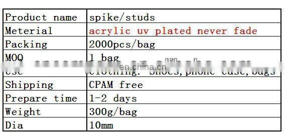 hot sell uv plated acrylic spike studs sew on or glue on