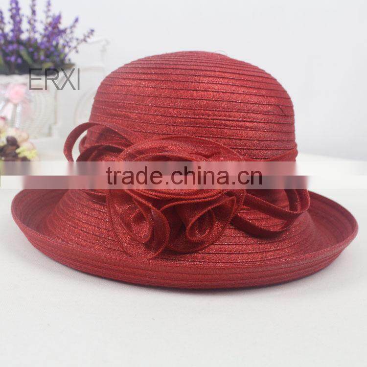 Latest Style Womens' Chuch Hat,Black Straw Hat With Sinamay Flower Decorate