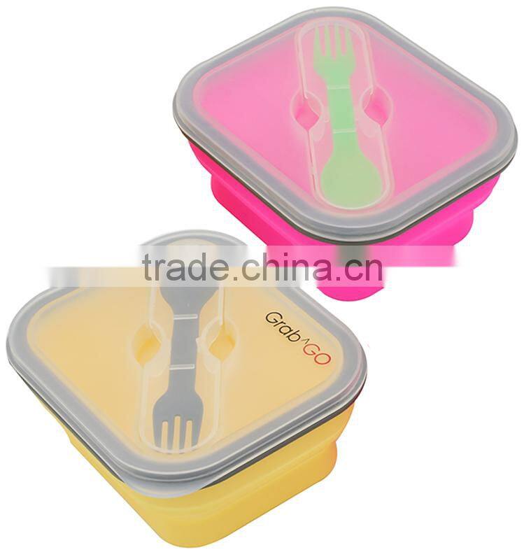 ECO-friendly silicone collapsible lunch box equipped with a fork