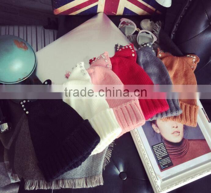 Fashion Charm Ladies Rhinestone Jewelry Pearl Bowknot Ear Cap Hat Beanie