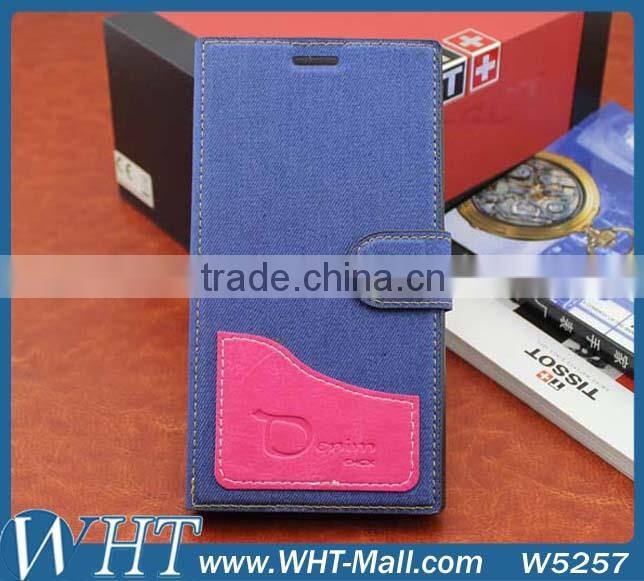 for XiaoMi Mi3 Wallet Stand Cover Folio Jeans Leather Case with Built-in Card Slot Factory Price