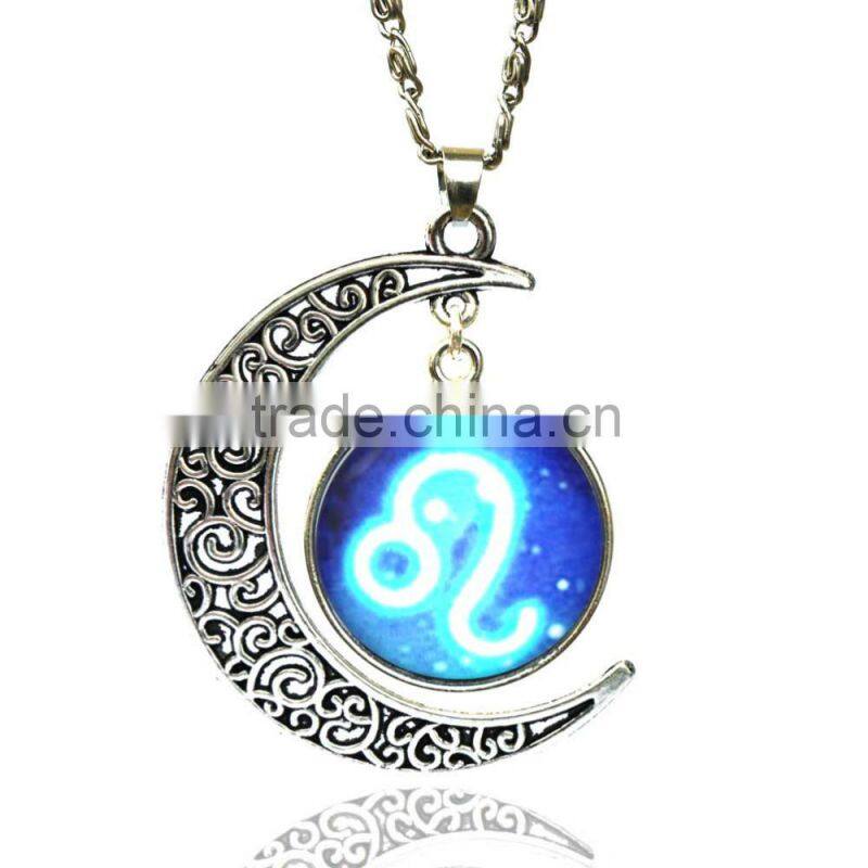 Glass Gemstone Zodiac Sign Pendant Chain Necklace Womens Jewelry
