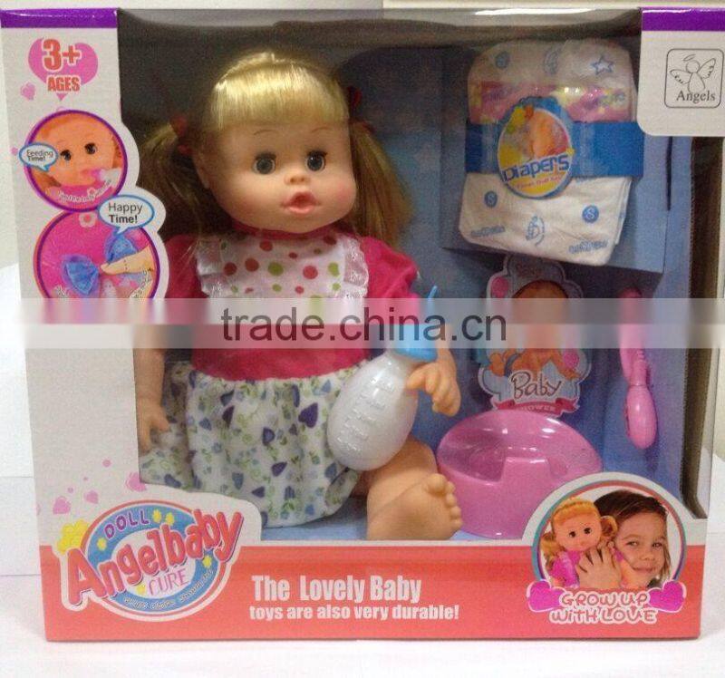 New item 16inch soft toy drinking and peeing girl doll toy promotional toy