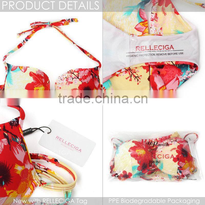 RELLECIGA 2015 Yellow Floral Add-2- Cups Push-up Halter Bikini
