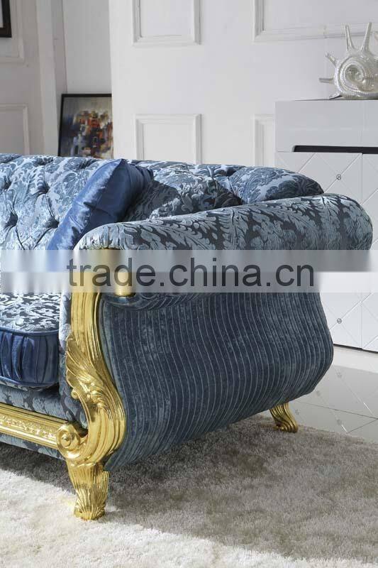 hand carved new classic gloden foil livingroom furniture fabric sofa sets AL187