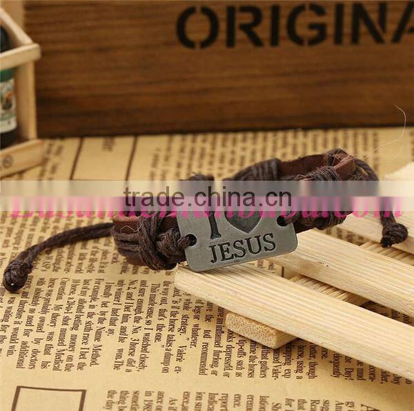 Leather cuff bracelet with engraved metal plate I love jesus bracelet