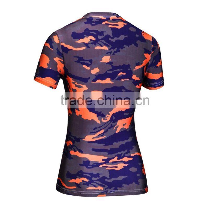 Bulk buy clothing women's camouflage clothing compression sports t shirt stretch polyester & spandex dry fit t-shirt