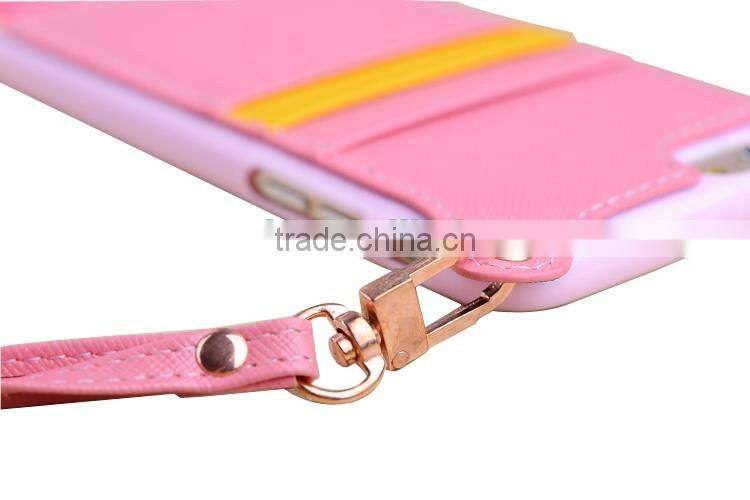 Ultra thin pu skin+tpu dual color cellphone pocket leather case for iphone 6/6s with hand rope
