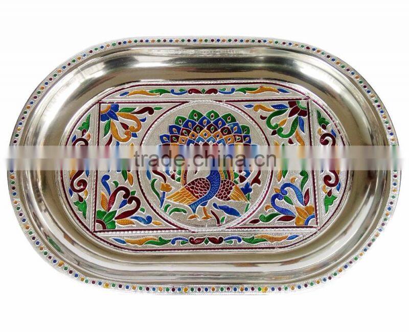 ROYAL PEACOCK DESIGNED STAINLESS STEEL MEENAKARI DECORATIVE TRAY - RP-1 SILVER (8.35" x 12.50" x 0.87" INCHES)