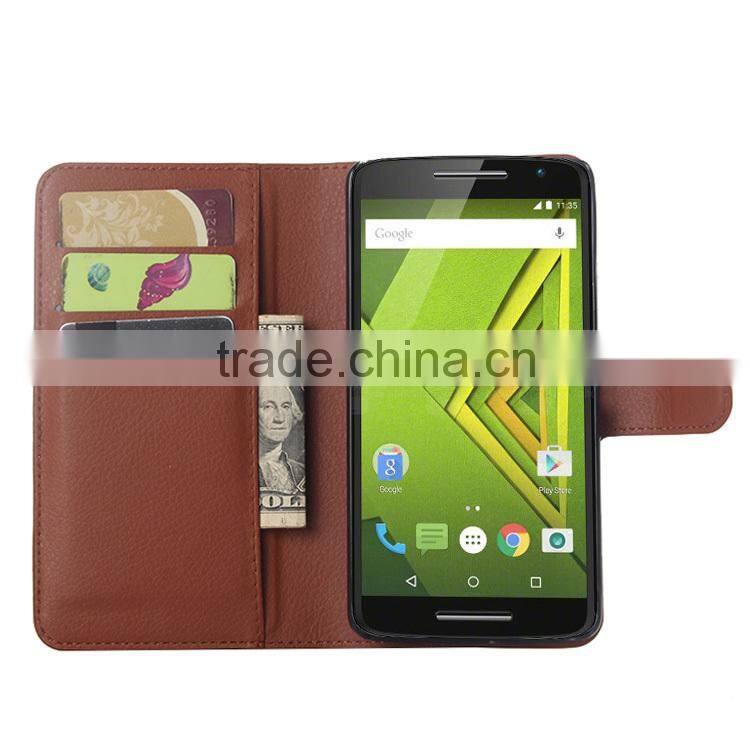 2015 New Arrival Stand Wallet Lychee Leather phone case for Motorola Moto X Play