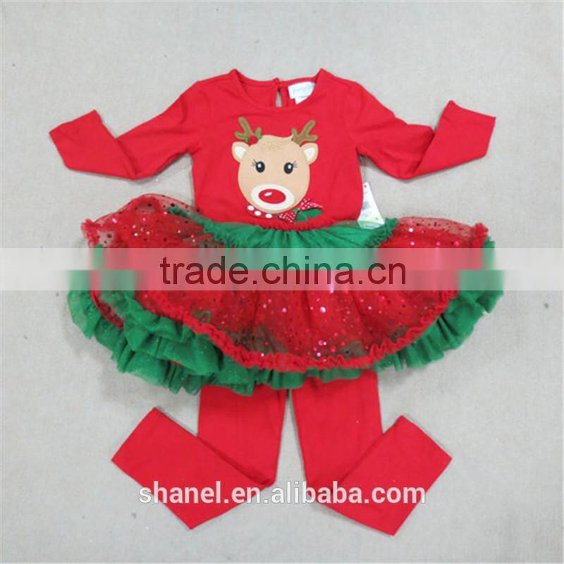 new arrival Christmas 2015 cotton suits Autumn/Winter cartoon fawn splcing dress + pants two-pieces Christmas suits