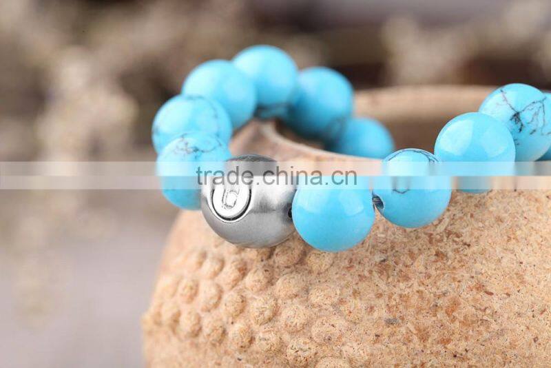 stock! healthy blue round natural turquoise steel bracelet