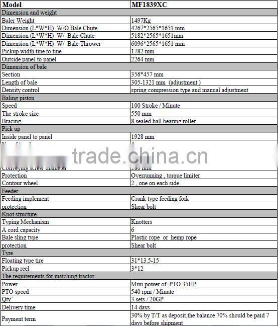 MF1839XC In-line hay and straw Square hay baler machine for sale