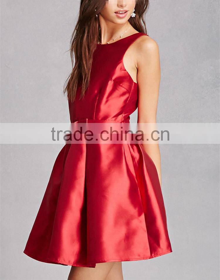 New cheap Fashion round neck sleeveless on-seam pockets Pleated Taffeta Dress