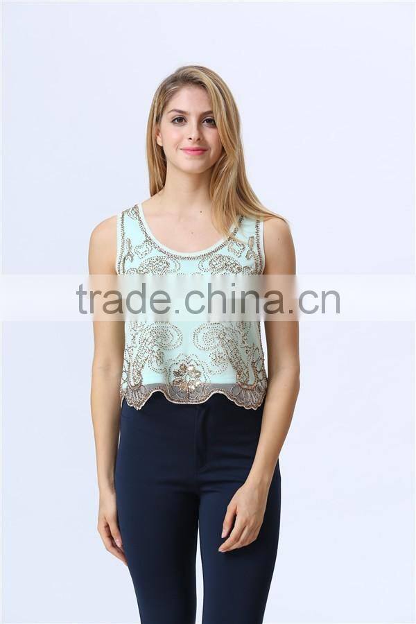 new design ladies sequin embroideried beaded cami top