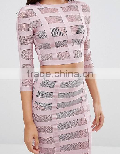 Bandage mesh women long sleeve ctop top and pencil skirt ladies 2 piece skirt sets