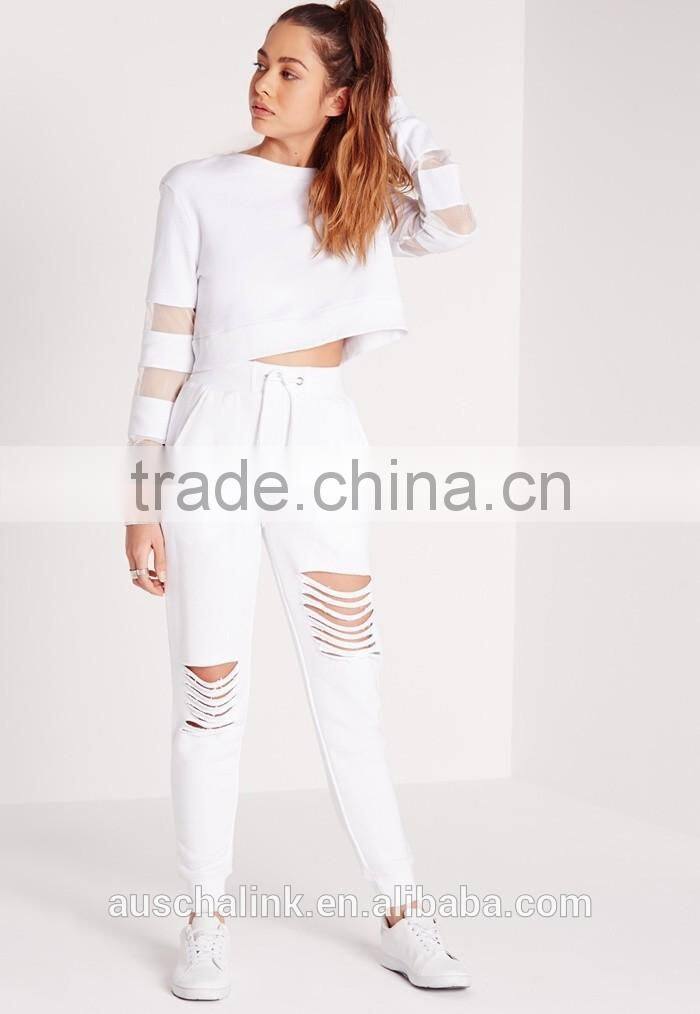OEM service fashion cheap white ripped front jogger pants