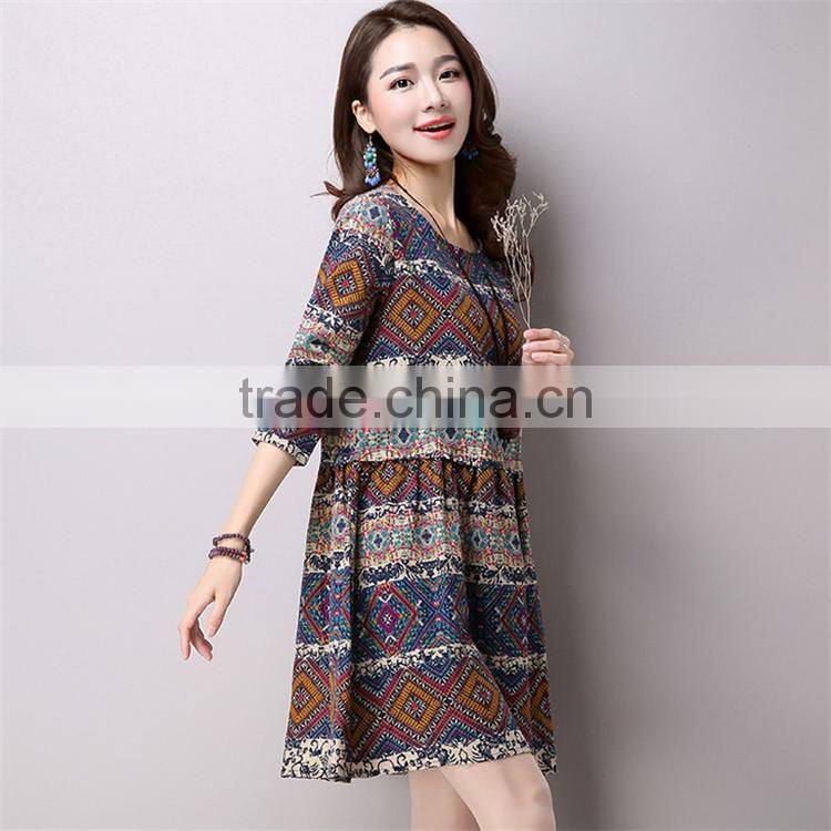 2017 new design Large size fashion ladies Retro national wind style ladies dress Cotton printed dress