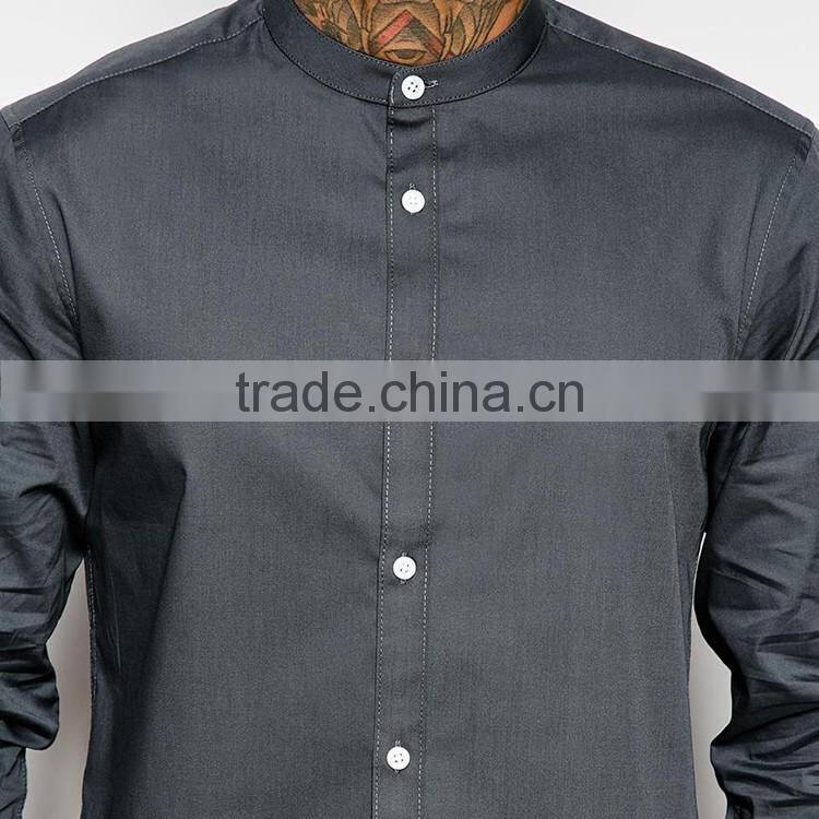 Mens grey cotton shirt with grandad collar