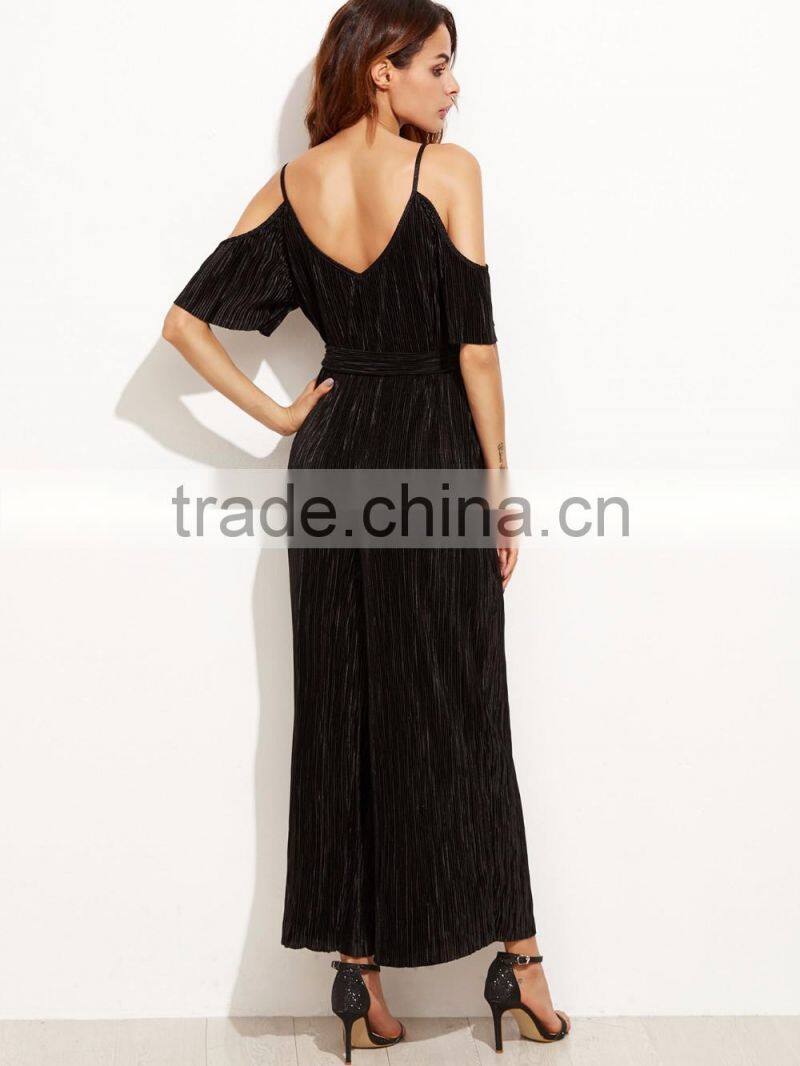Black Cold Shoulder Self Tie Pleated Jumpsuit Polyester Spandex Half Sleeve V Neck Elegant Jumpsuit Dress