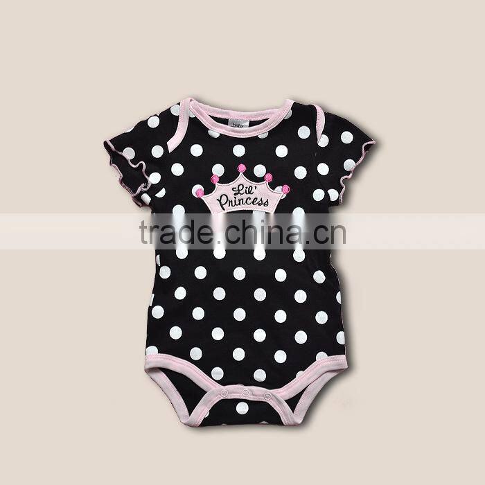 2014 latest dot baby rompers 100% cotton black wave-point snap princess imperial crown rompers