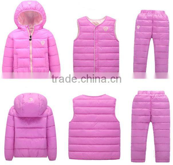 custom made new design casual children kids 3 pcs winter clothing sets(jacket+vest+pants)