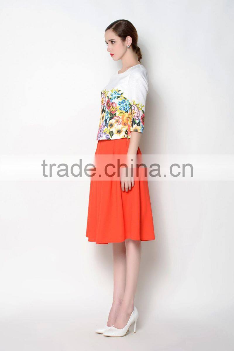 hot sell o neck floral half sleeve latest skirt and blouse for women