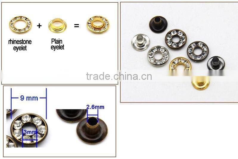 4 colors 9mm round metal brass rhinestone eyelets crystal diamond grommets glass eyelets RE-9mm-001