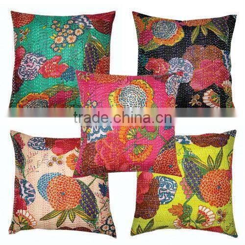 Flower Print Kantha Cushion Cover