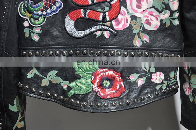 New Arrival Embroidery Leather Jacket for Women Real Motorcycle Leather Jacket
