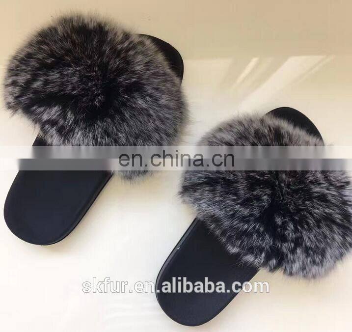 Women's customized size and color soft real fox fur slides slippers