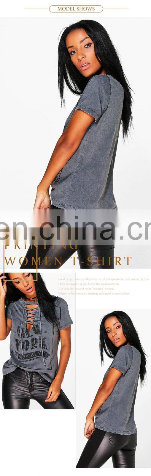 High quality 100% cotton short sleeve washed printed women t shirt