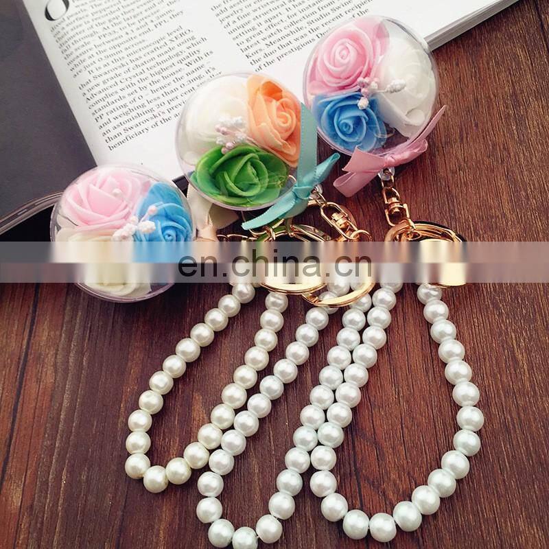 Flower Inside transparent ball key rings pearl keychain for car bag accessories