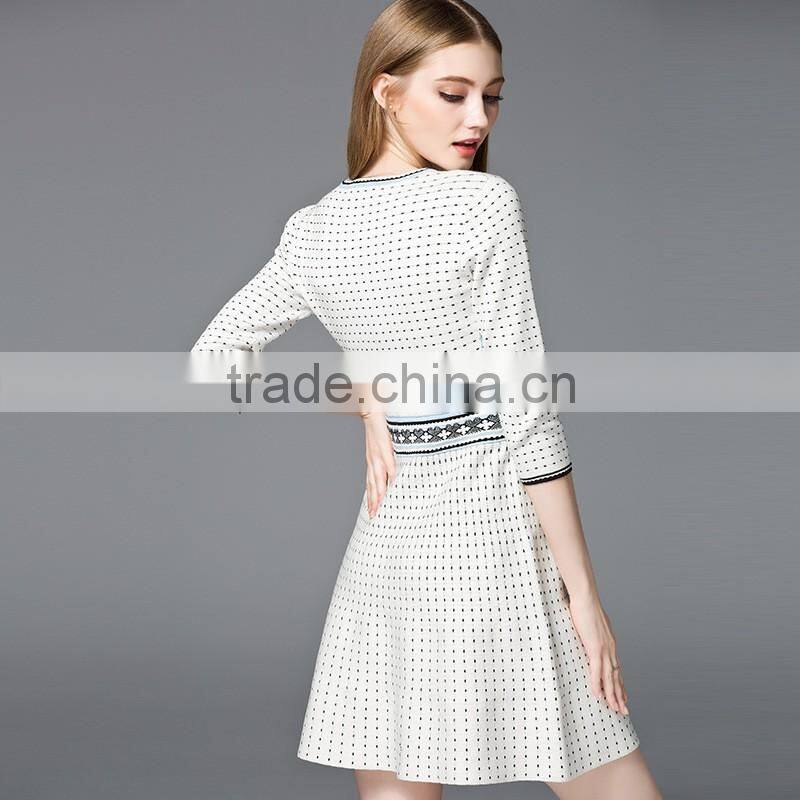 Lady 's knitted round neck jacquard 3/4 sleeve dress