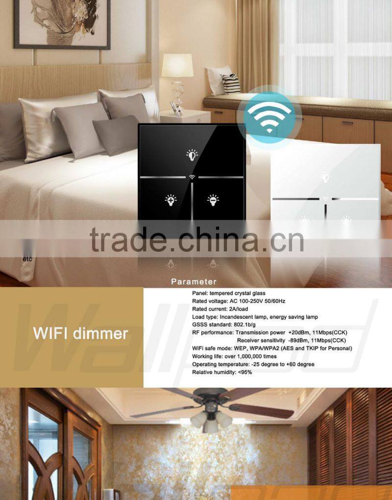 Hot Sales Wallpad White Glass LED 110~250V Wireless 3 Gang Wifi Electrical Power Remote Control Speed Rotary Fan Wall Switch