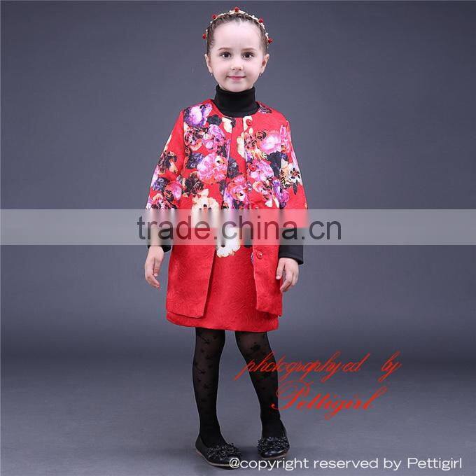 Chinese Style Girls Autumn 2 Piece Clothes Set Button Front Trench and Floral Dress For Kids Holidays Wear CS81009-4