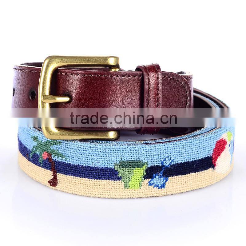 Golf belt cowhide leather 100% hand stitching needlepoint belt
