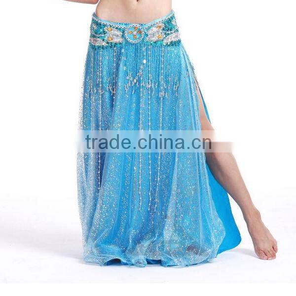 Brisk Net Fabric and Satin Belly Dance Skirt Split on Both Lateral , White Belly Dancing Skirt