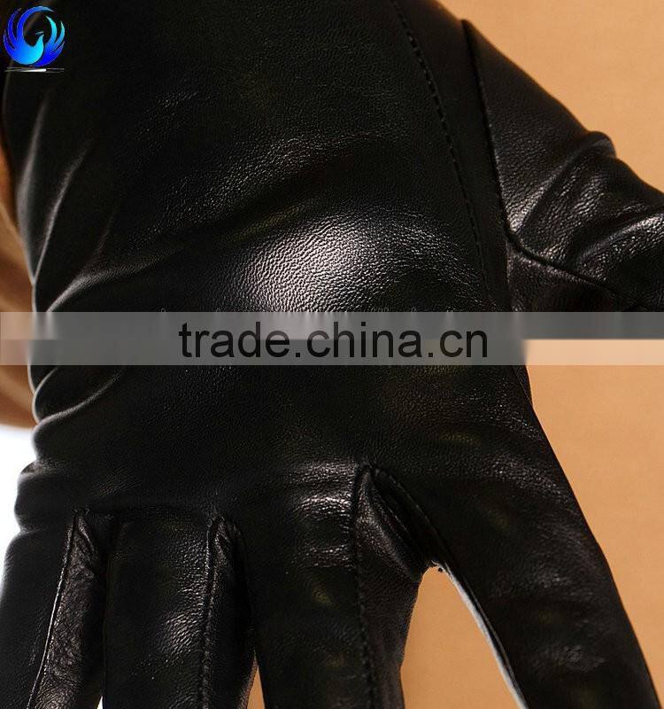 Elegant ladies winter silk lined black sheepskin leather gloves with zipper