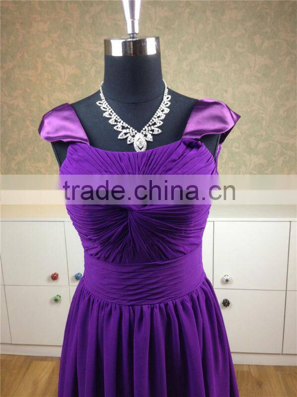 Generous cap sleeves dark purple bridesmaid dress 2015 chiffon maxi evening long dress for muslim women guangdong factory made
