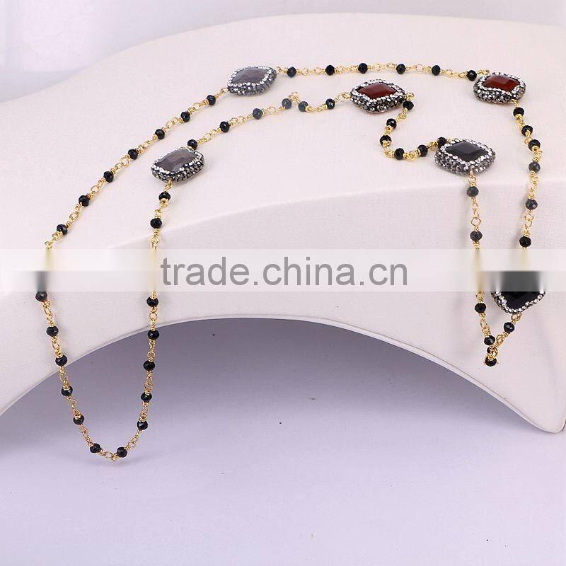 Pave Crystal Clover Druzy Agate Stone Necklace, Gold plated Wire Wrapped Beaded Rosary chain Black beads Necklace