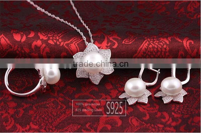Luxury 925 Sterling Silver Set Natural Pearl Jewelry Bridal Wedding Jewelry Set 3 Color Necklace Earrings and Ring