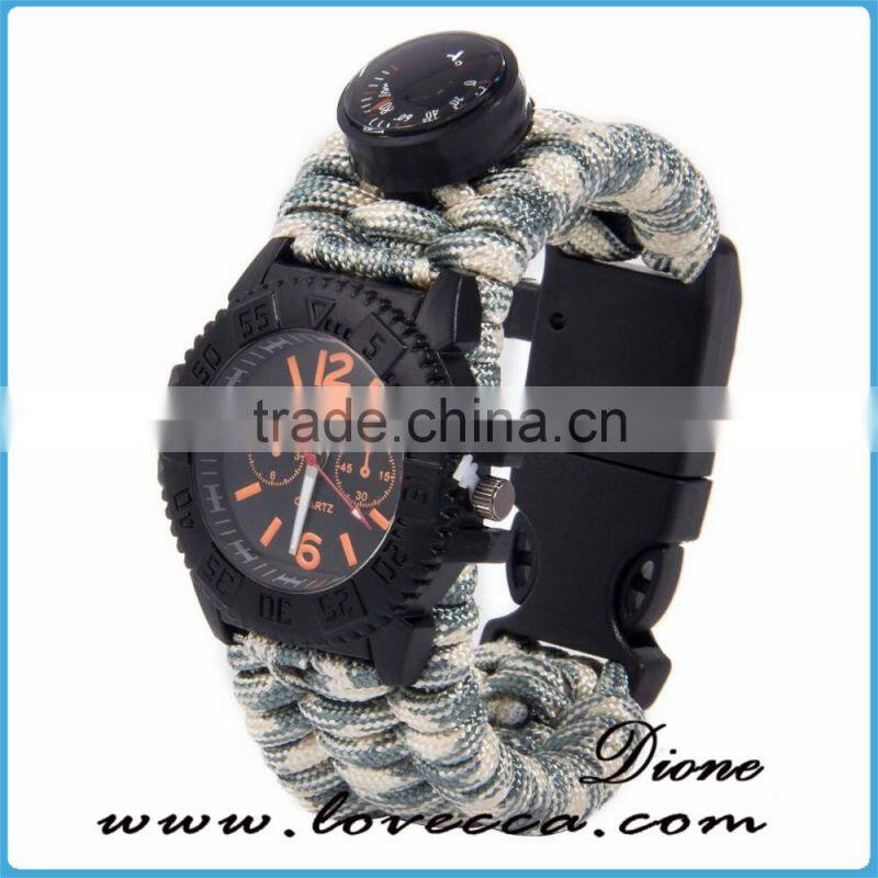 Survival Paracord Outdoor Bracelet Multifunction Watch With Compass Thermometer Whistle