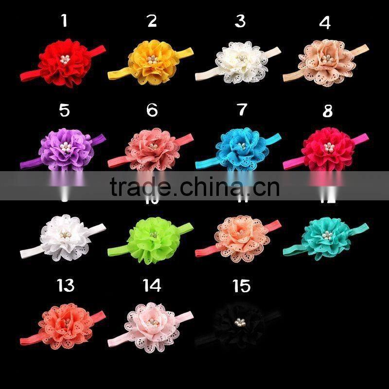 handmade fabric flower headband with pearl center for kids hair accessories